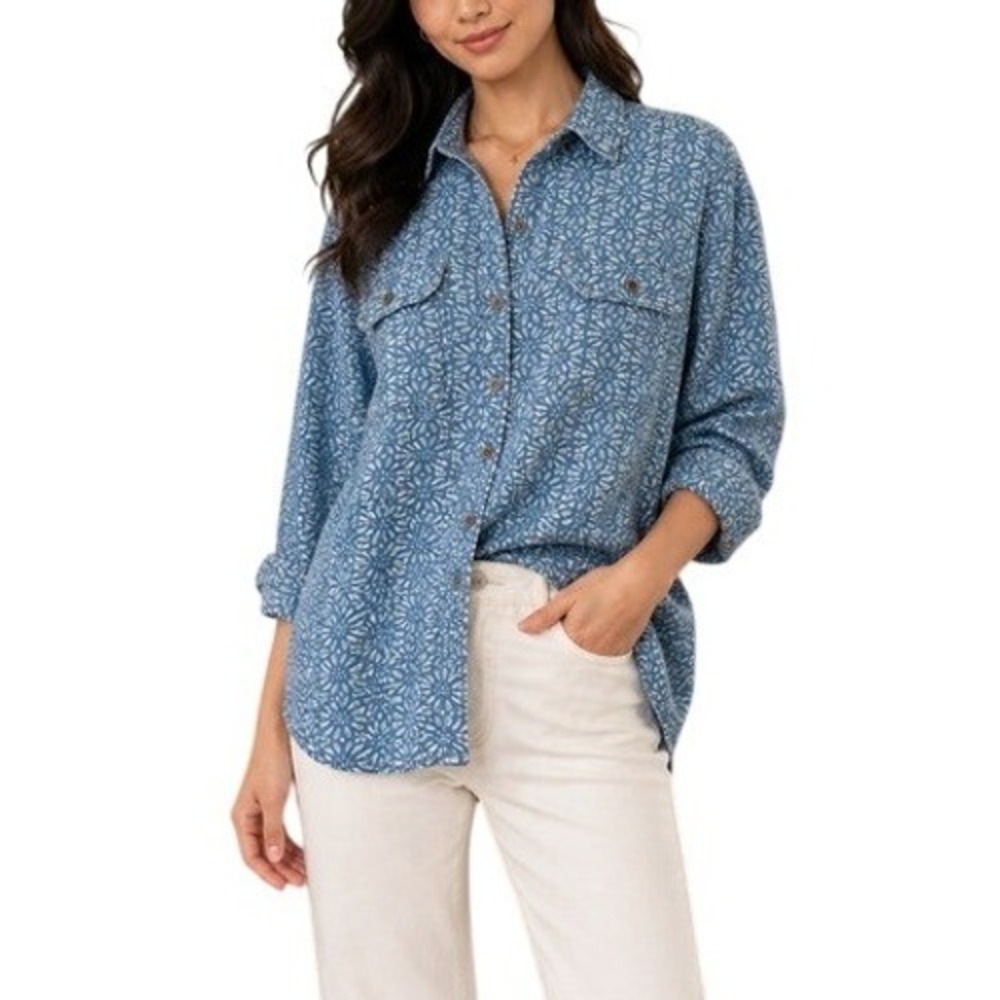 Expressā Blue Denim Button Down Shirt Geometric Print Women's Medium